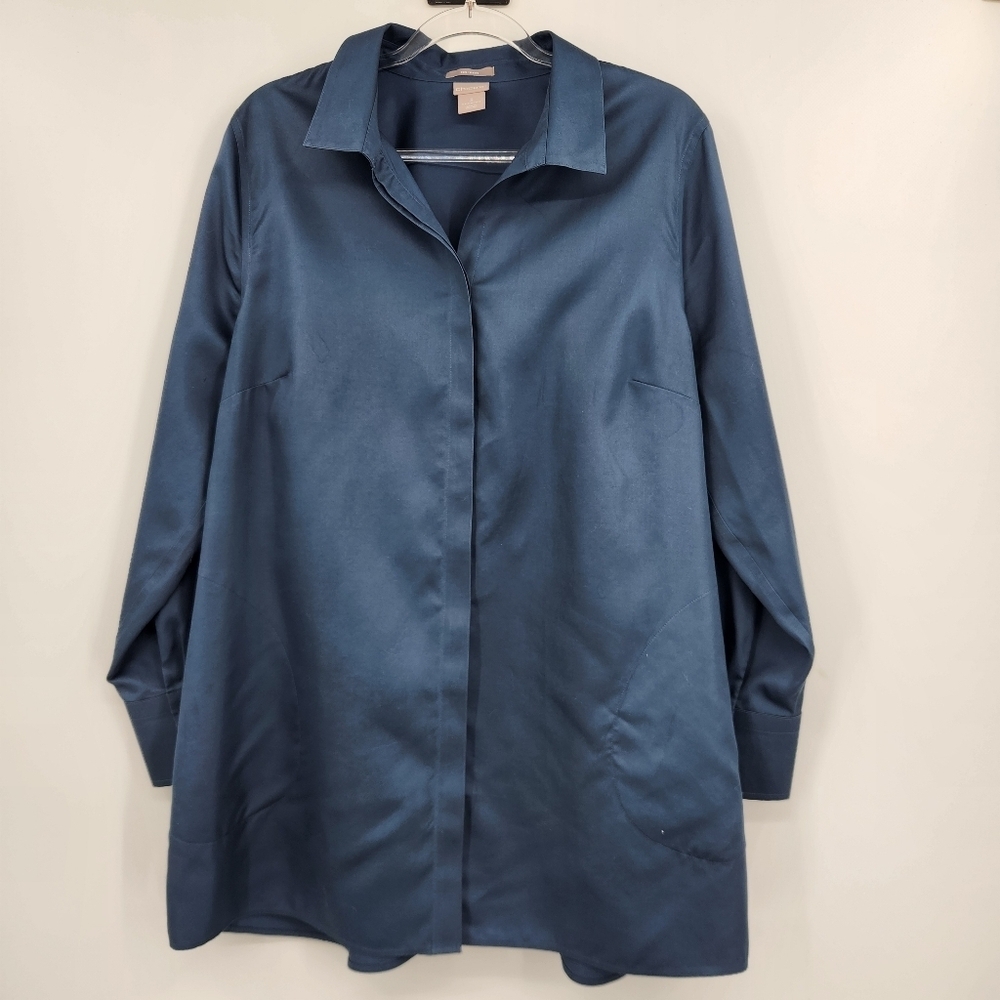 Chicos 3 Long Sleeve Button Front Shirt Womens Size XL Tunic Blue Sateen - Picture 8 of 8